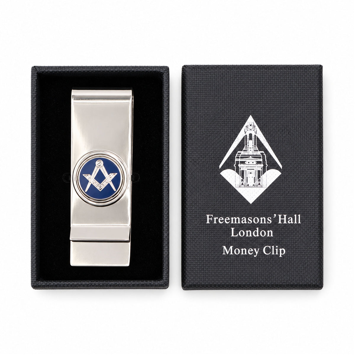 Metallic money clip with a Masonic blue square and compasses symbol inside Freemasons' Hall presentation box