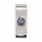 Metallic money clip with a Masonic blue square and compasses symbol on a white background