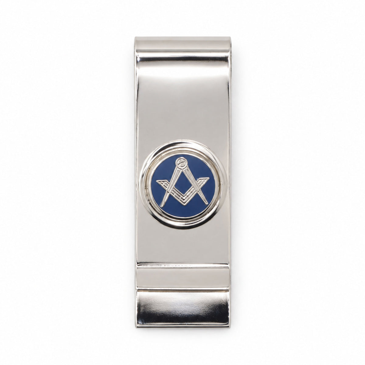 Metallic money clip with a Masonic blue square and compasses symbol on a white background
