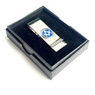 Silver money clip with a blue and white emblem in a black gift box on a white background