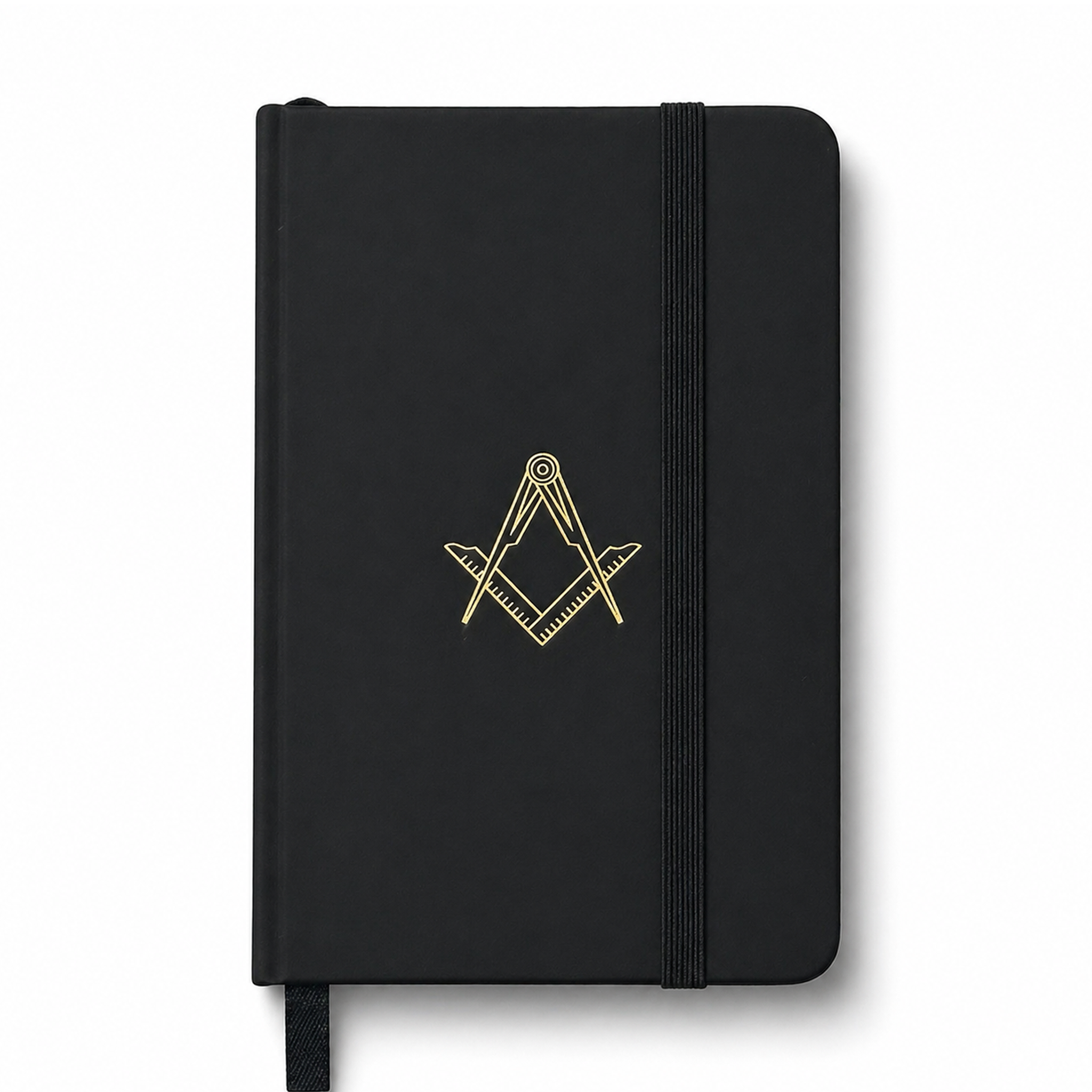 Black pocket size A6 black notebook embossed with Square &amp; Compasses symbol and lined pages inside.