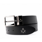 Black belt with silver buckle featuring Masonic square and compasses symbol 