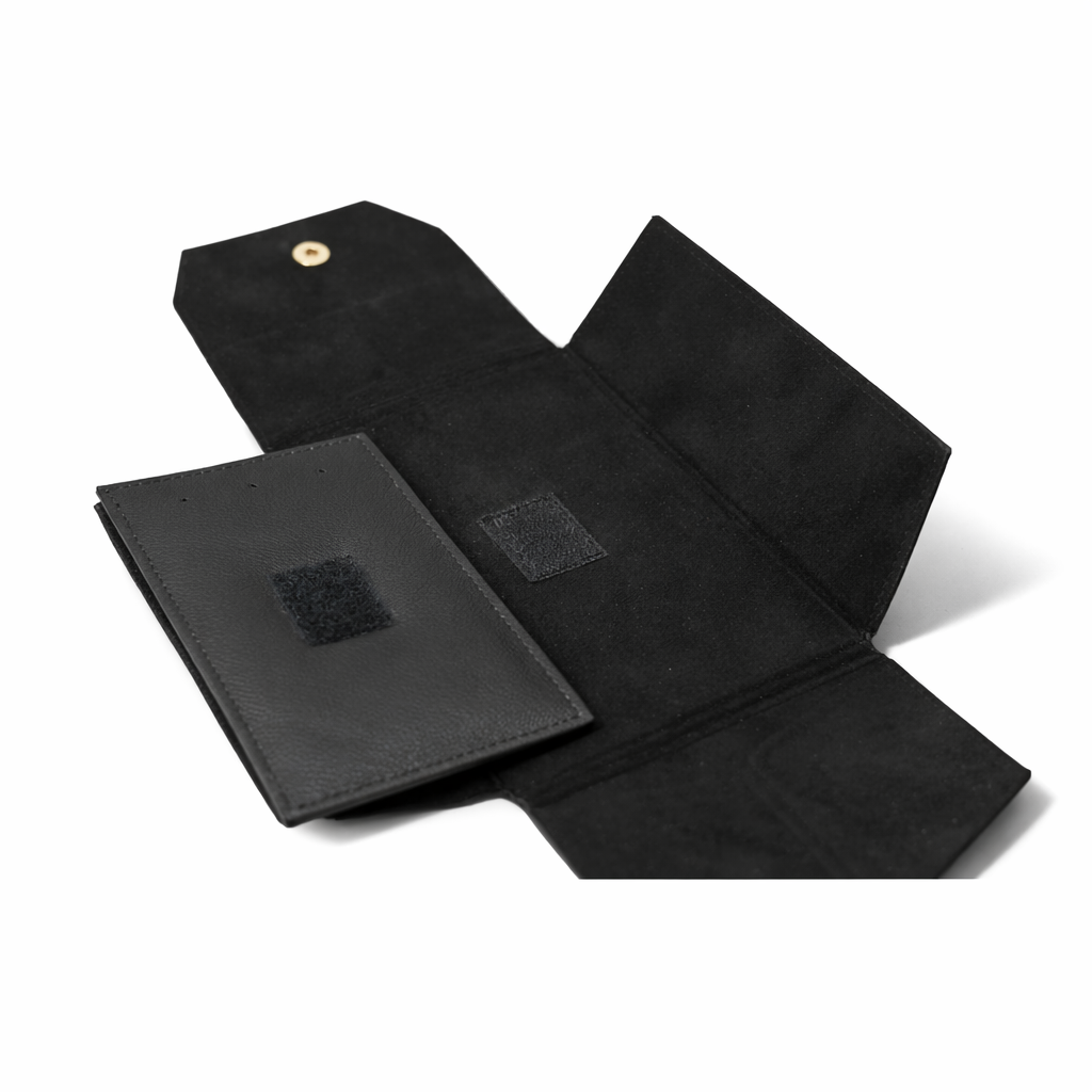 Open interior view of a black leather Masonic jewel holder,showing detachable three-jewel pad