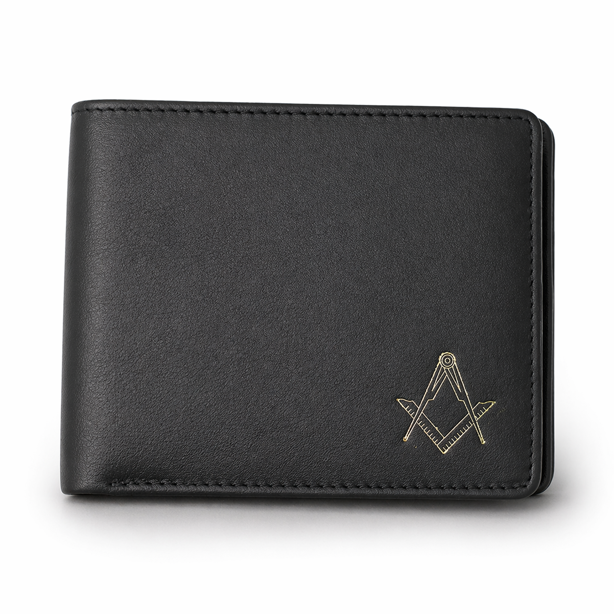 Premium Black leather card wallet with stitched edges, featuring a gold Masonic square-and-compass emblem in the corner.