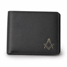 Premium Black leather card wallet with stitched edges, featuring a gold Masonic square-and-compass emblem in the corner.