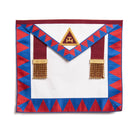 A red, white, and blue Masonic Principal Apron with a geometric pattern, featuring a triangular emblem in the center and metal chains on the sides.