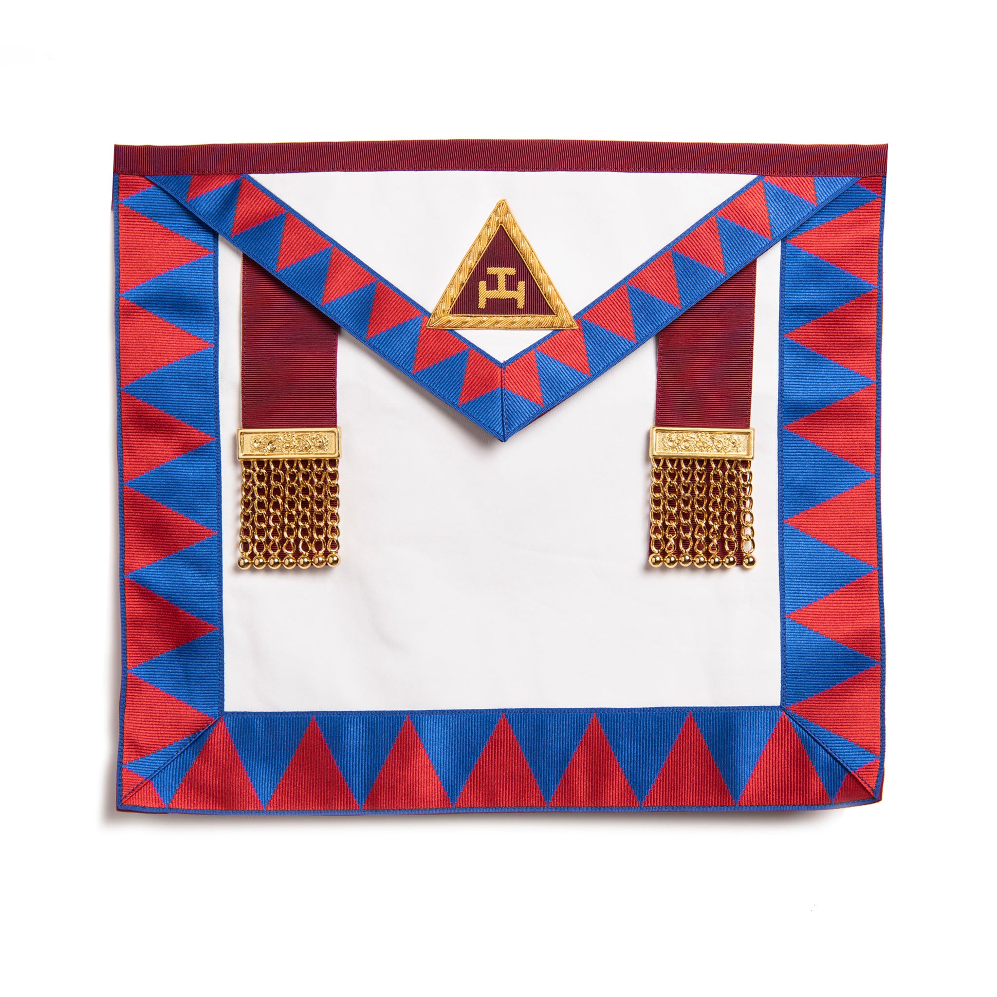 A red, white, and blue Masonic Principal Apron with a geometric pattern, featuring a triangular emblem in the center and metal chains on the sides.