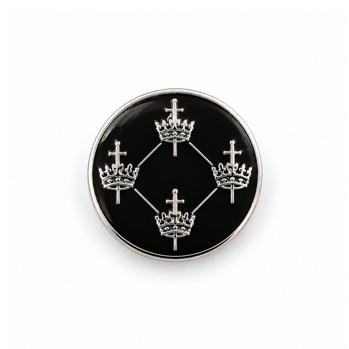 A Masonic Quatuor Coronati Lapel Pin Badge with a black and white geometric design, featuring a plated finish with silver coloured details.