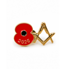 Front view of 2026 Masonic red poppy lapel pin featuring Square and Compasses design