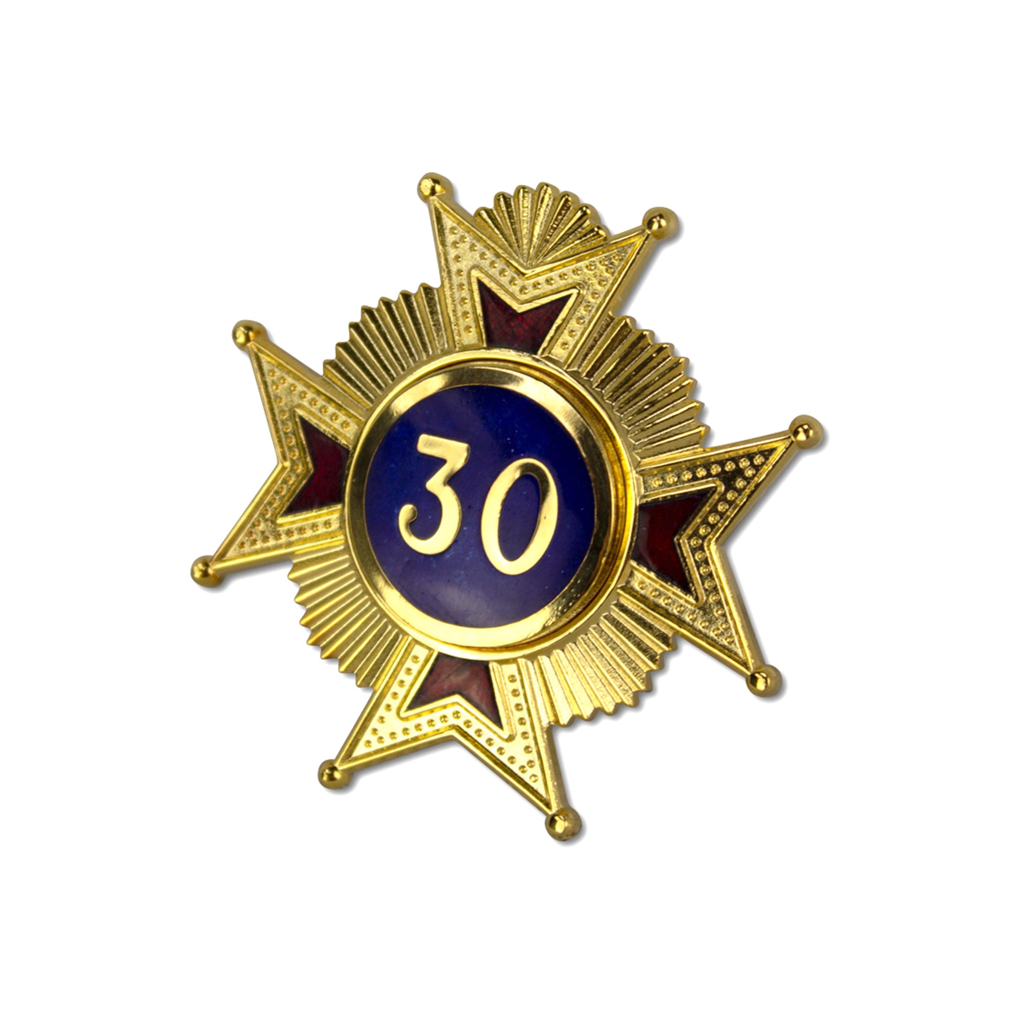 A gold-colored metal Masonic star with the number 30 in the center, surrounded by blue and red enamel.
