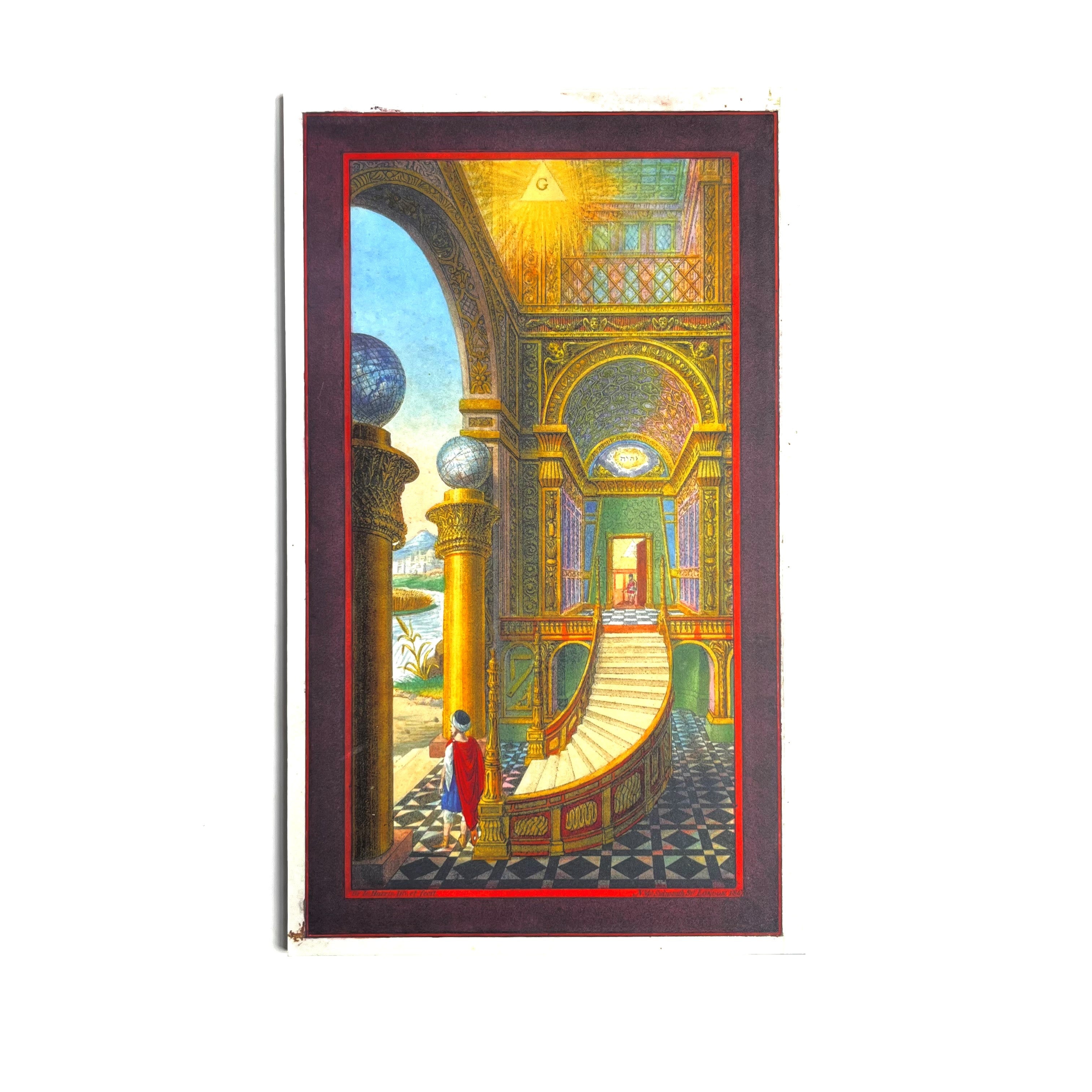Masonic Second Degree Tracing Board with a colourful architectural design featuring a staircase and columns.