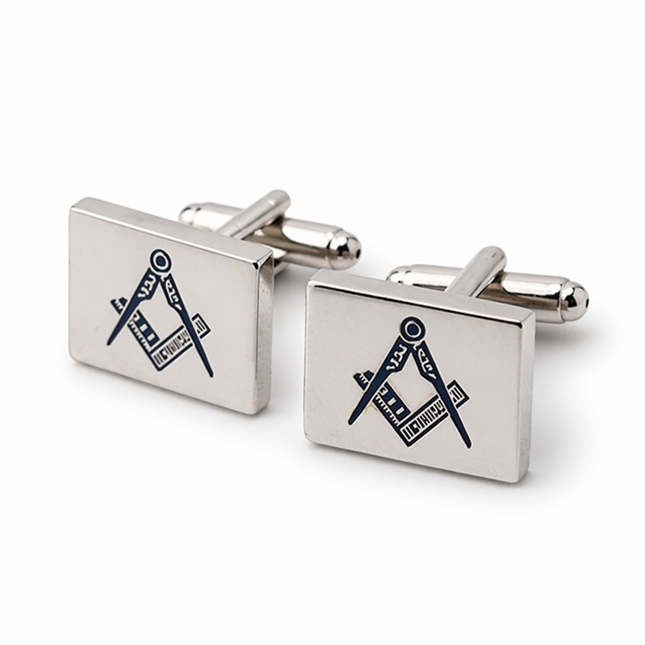 Masonic square and compass cufflinks in silver rectangular design, Freemason formal shirt accessory for suit and lodge wear
