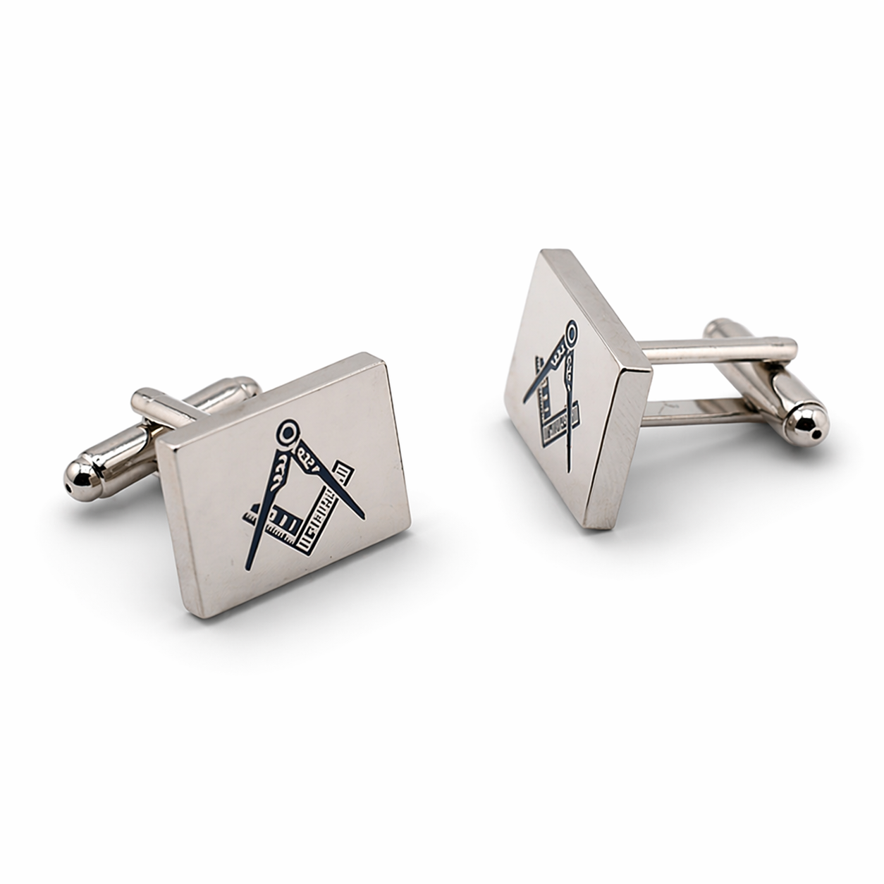 Masonic square and compass cufflinks in silver rectangular design, Freemason formal shirt accessory for suit and lodge wear