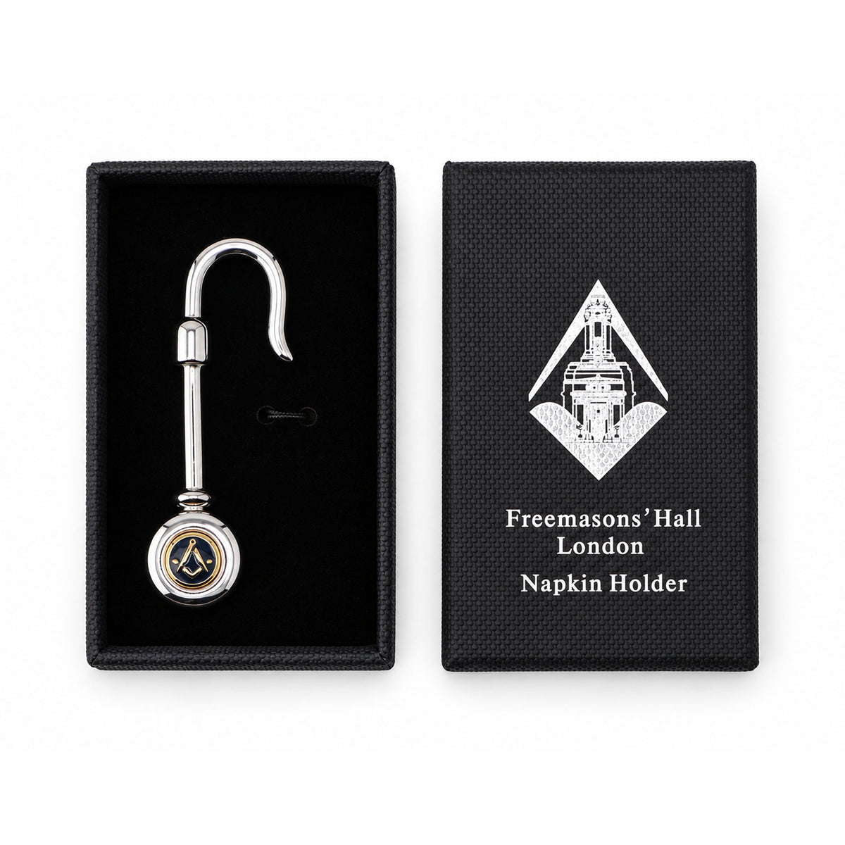 Silver-coloured Masonic napkin holder laid inside presentation box