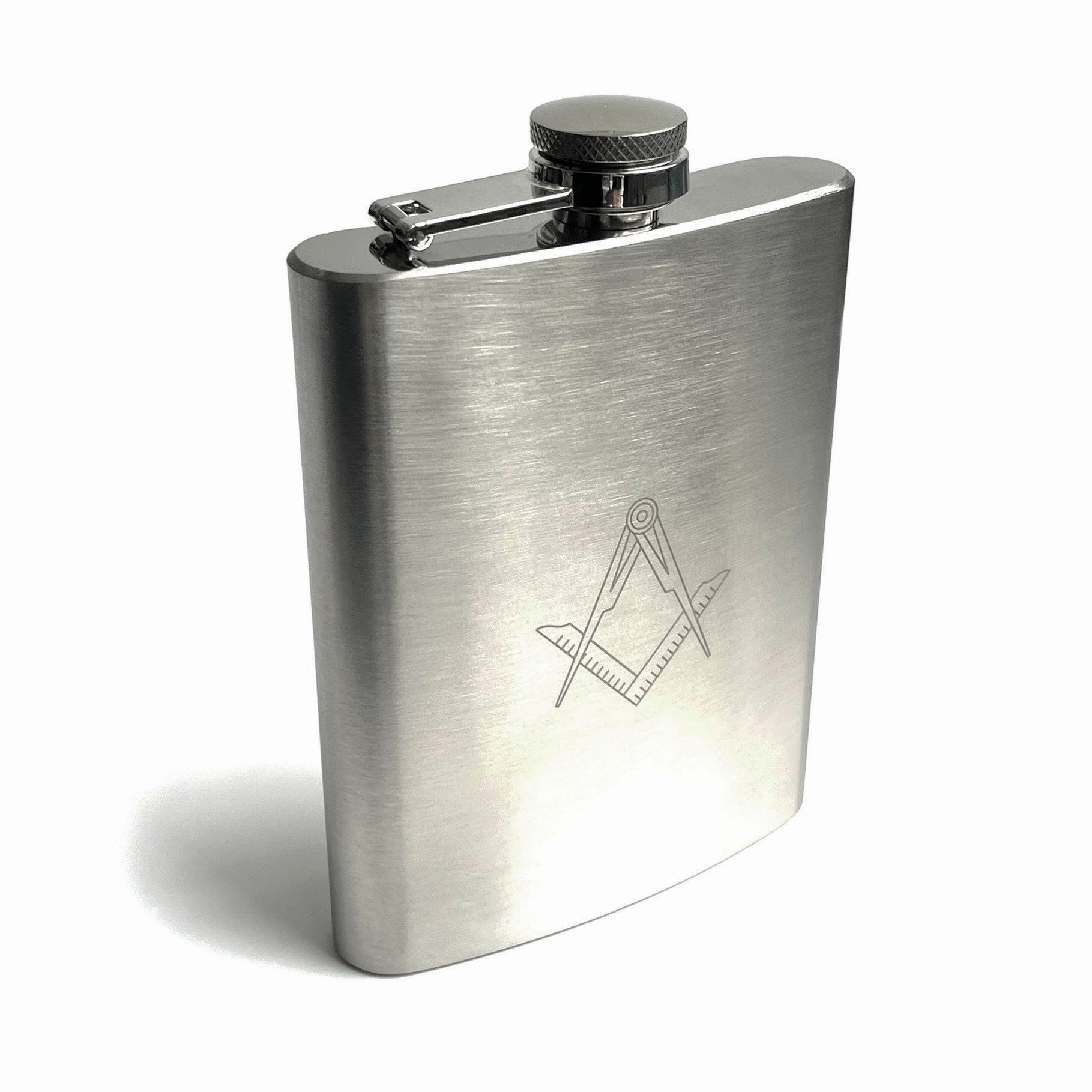 Stainless steel flask with Masonic square & compasses symbol on a white background