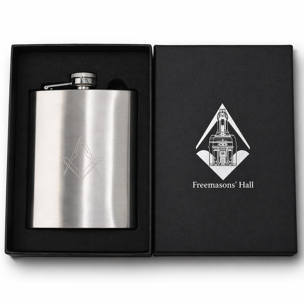 Masonic stainless steel hip flask 7oz with engraved square and compass symbol in Freemasons’ Hall presentation gift box.