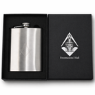 Masonic stainless steel hip flask 7oz with engraved square and compass symbol in Freemasons’ Hall presentation gift box.