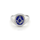 A sterling silver reversible Masonic ring with a square and compasses symbol within a dark blue enameled setting, displayed against a white background.