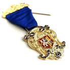 Gold Masonic medal with blue ribbon on a white background