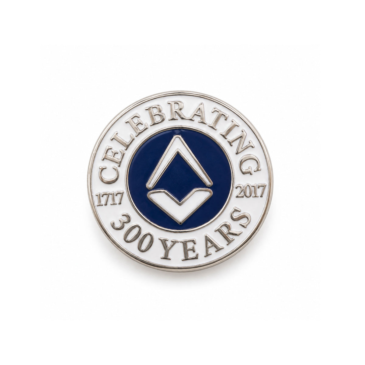 A round blue and silver colored lapel pin with the text 'CELEBRATING 300 YEARS' and the years '1717-2017' on it.