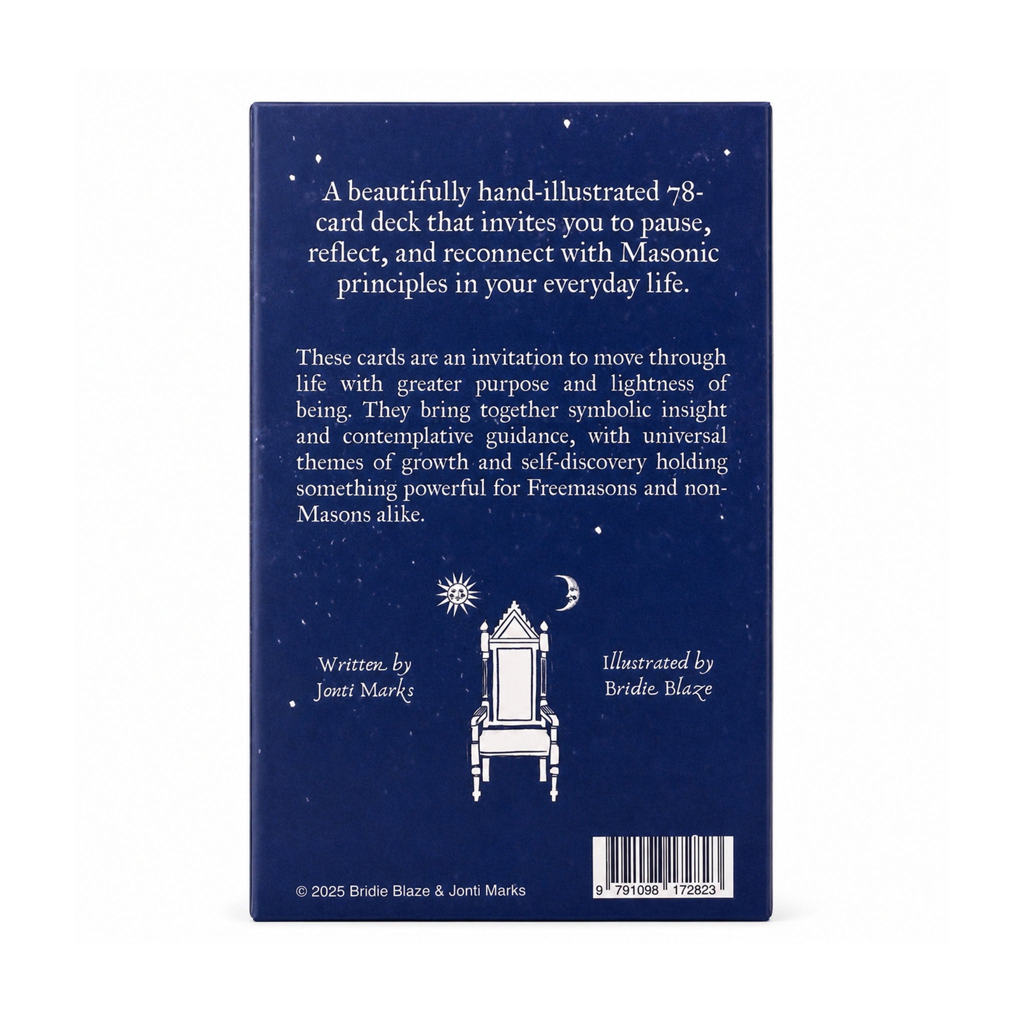 Back view of Wisdom Cards deck in a dark blue box with white symbols and text.
