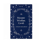 Front view of Wisdom Cards deck in a dark blue box with white symbols and text.