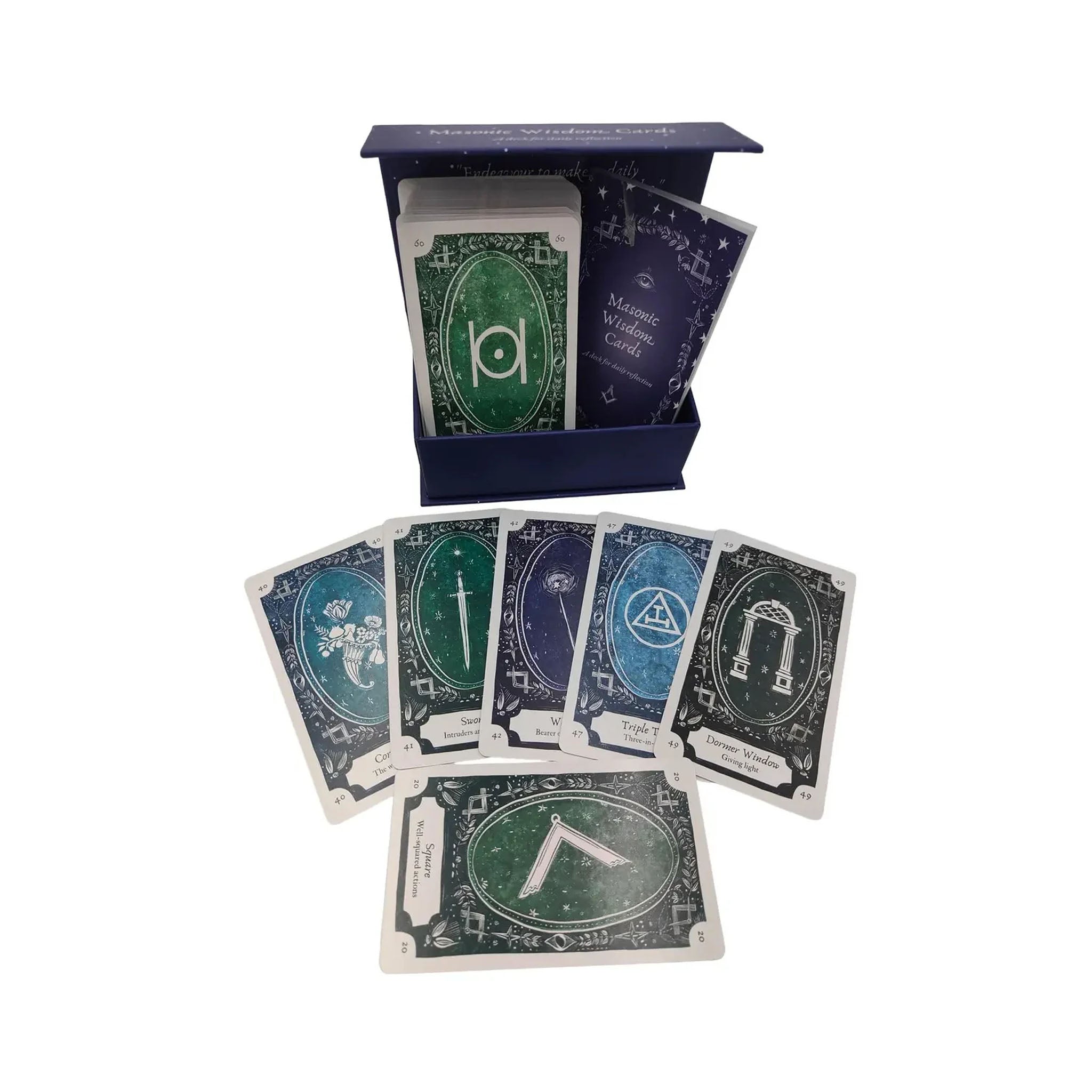 Magnetic Wisdom Cards deck in a dark blue box with several cards fanned out below, showing green, blue, and dark teal card backs with white symbols and text.