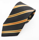 A black, gold and red tie with Masonic Orders logos and emblems.