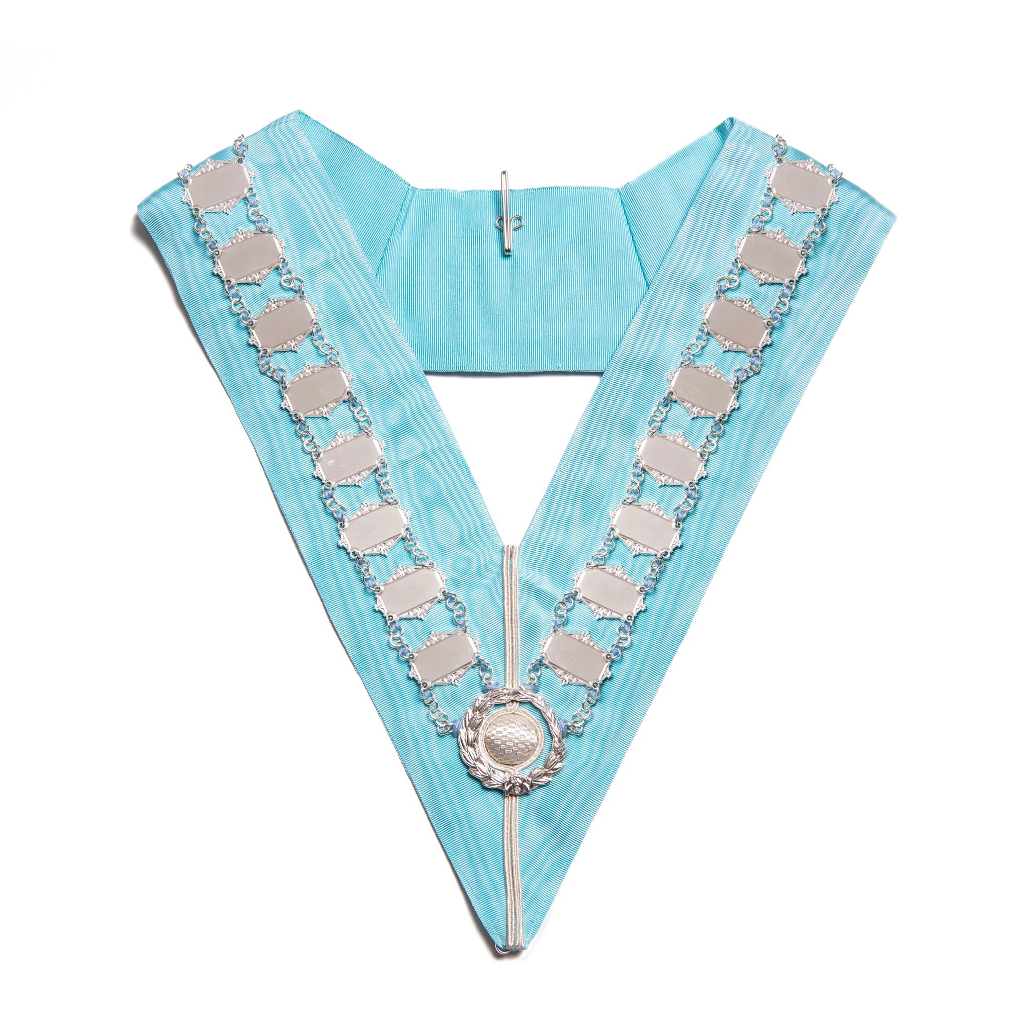 A blue Masonic chain collar with metallic embellishments and a central emblem.