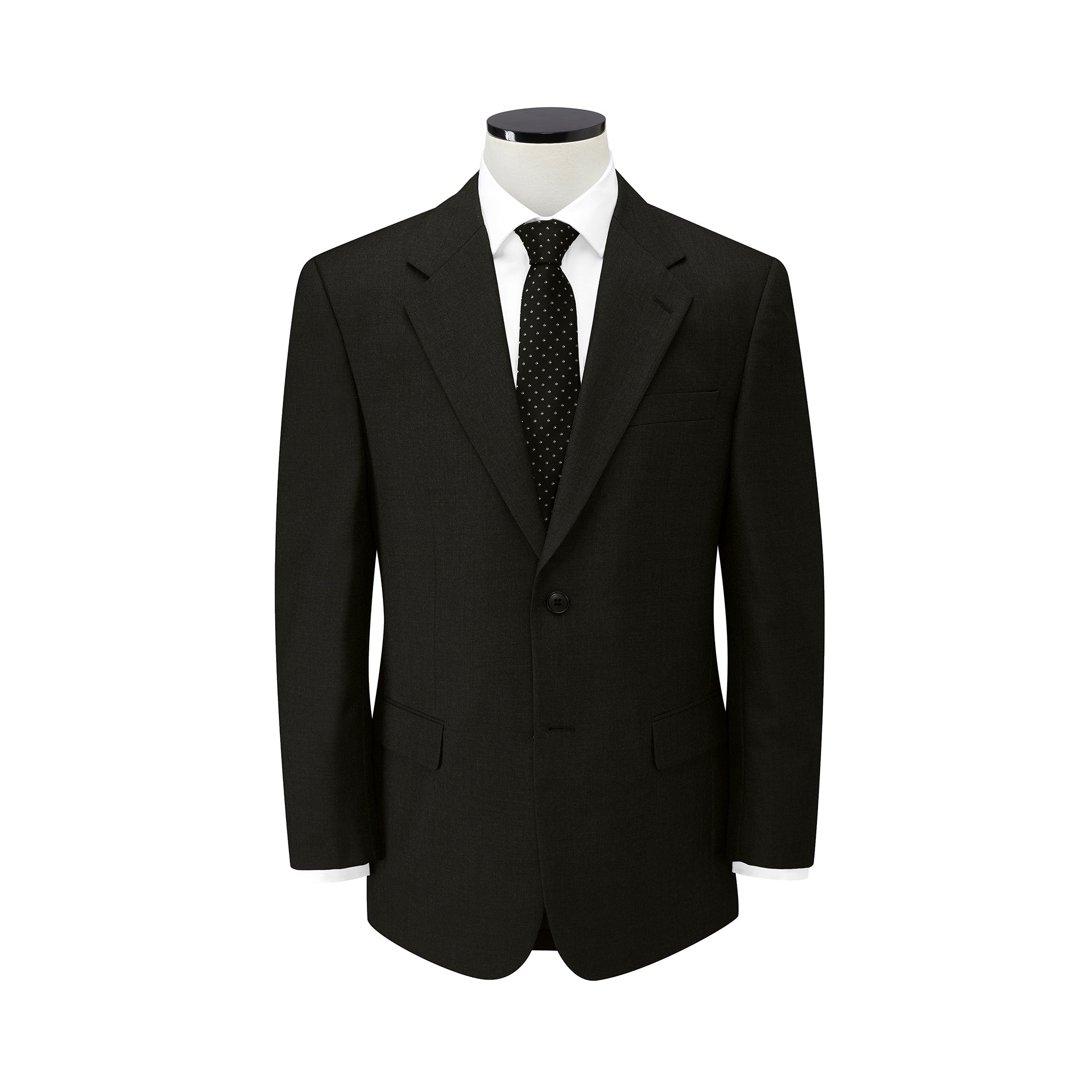 A men's black jacket displayed on a mannequin, paired with a white shirt and a tie.