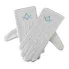 Mens Masonic Cotton Gloves with light blue Square & Compasses motif