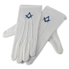 A pair of Mens Masonic Cotton Gloves with navy blue Square & Compasses motif