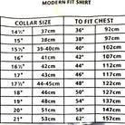 Mens white shirt single cuff size chart shown in a table using inches and centimetres showing collar and chest size