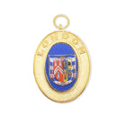 A gold-colored Masonic Past Officiers Collar jewel with a blue enamel center featuring a coat of arms, mounted on a ring.