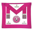 A pink and white Masonic apron with metallic embellishments and a central emblem, likely to be worn as part of a formal uniform or ceremonial attire.