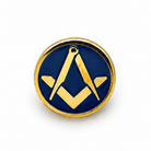 Blue and gold coloured Masonic lapel pin badge depicting the iconic square and compasses symbol.