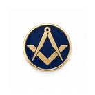 Blue and gold coloured Masonic lapel pin badge depicting the iconic square and compasses symbol.