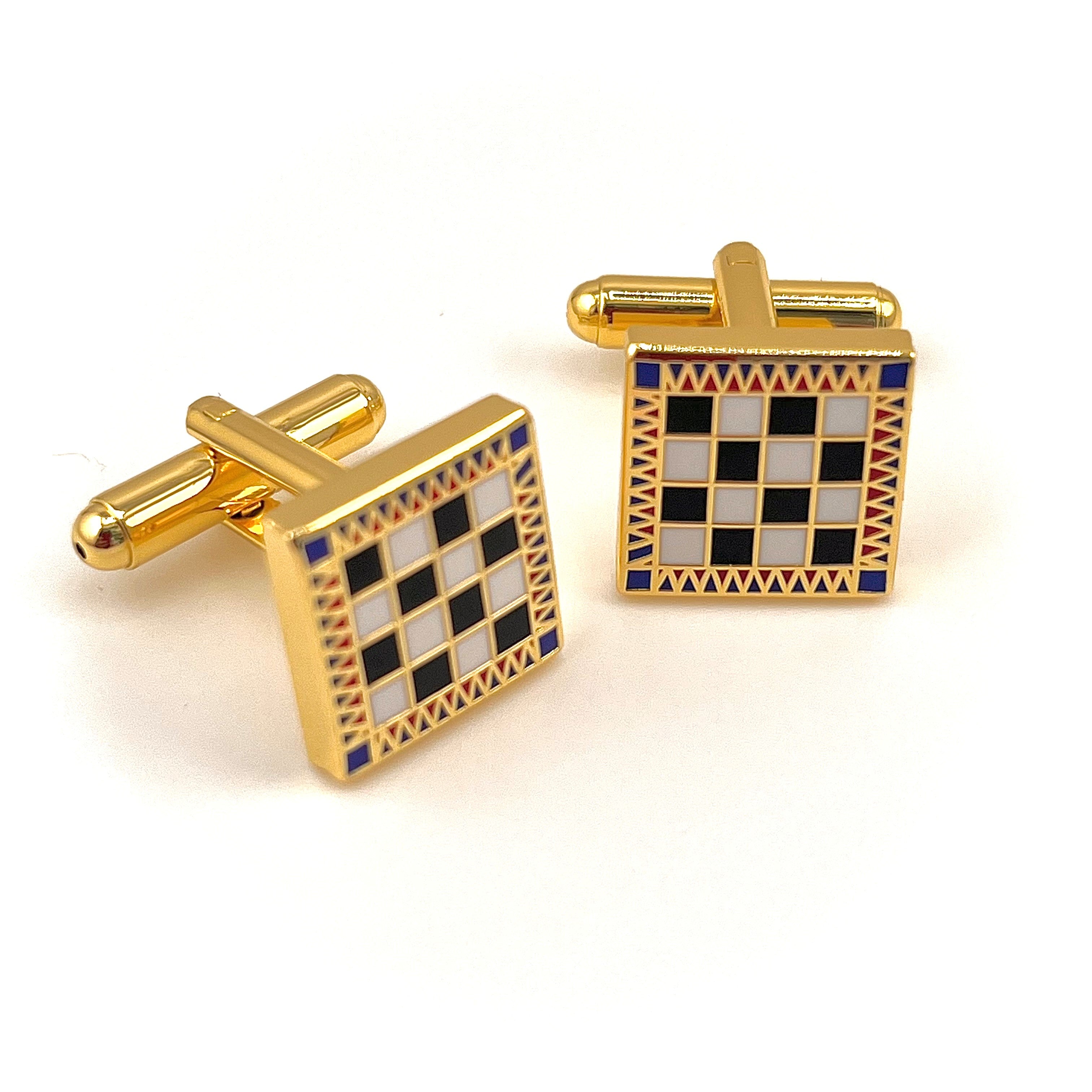 Gold cufflinks with a checkered pattern on a white background