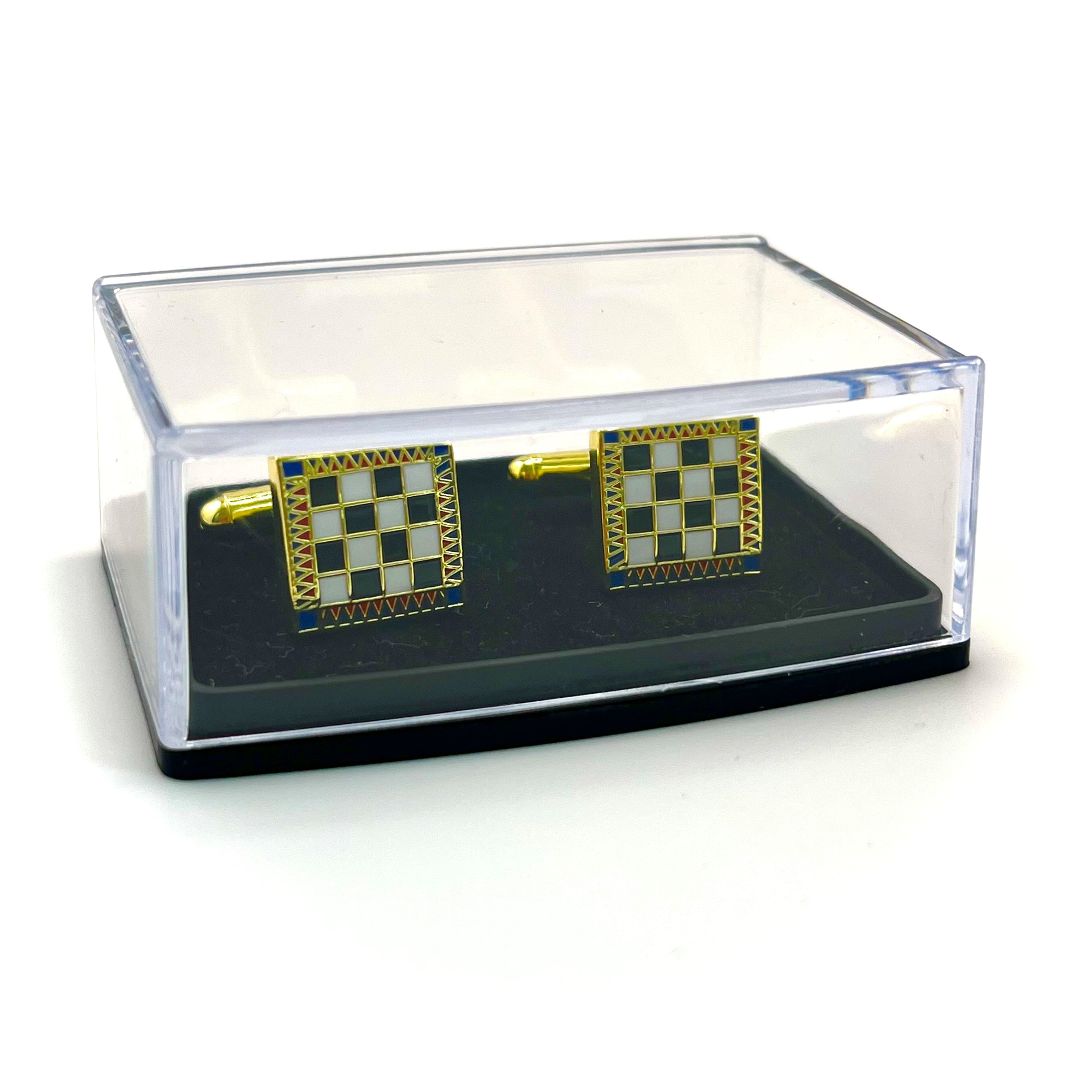 Mosaic Pavement Cufflinks with checkered design in a clear gift case on a white background