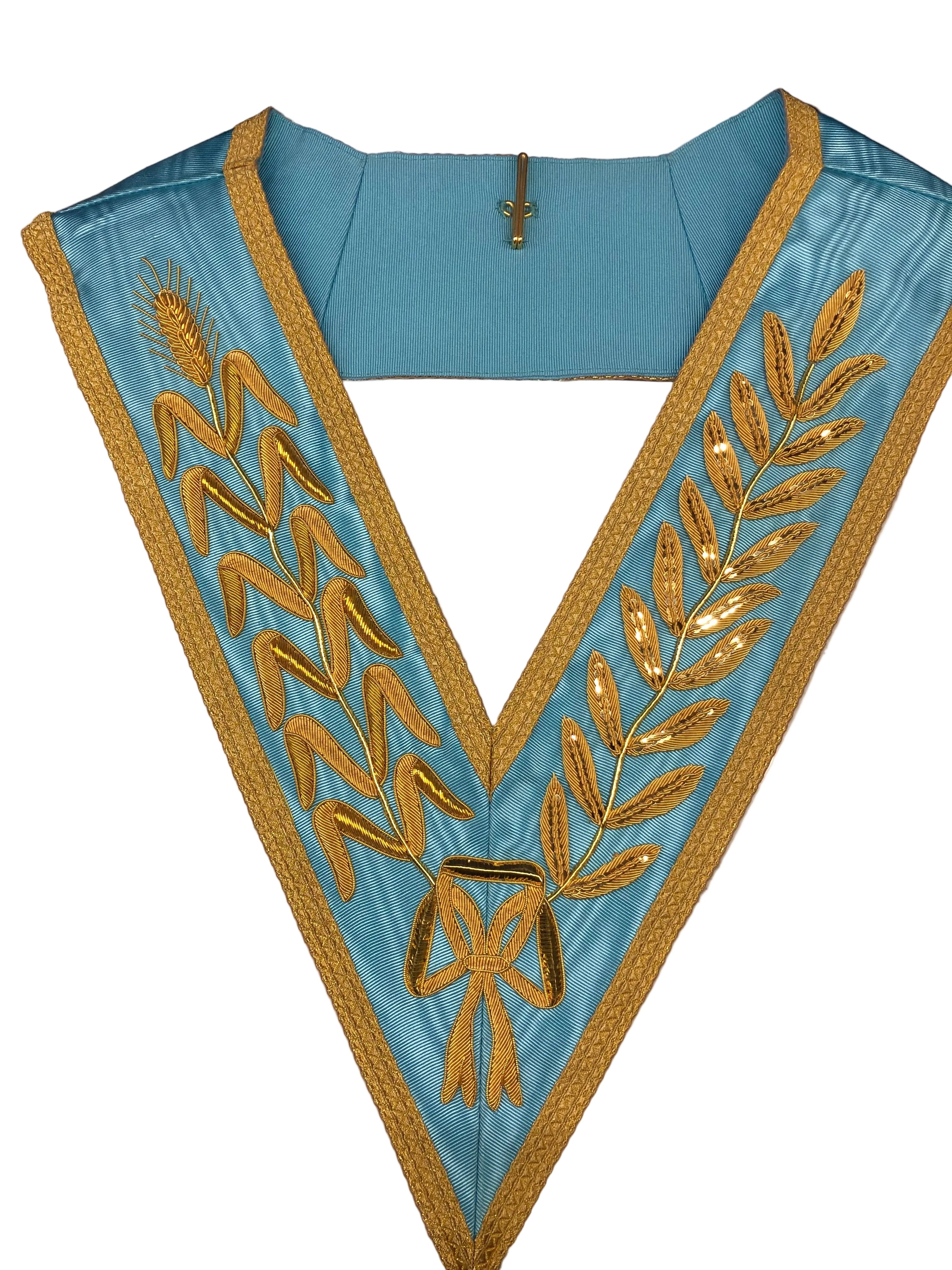 A blue and gold Netherlands Masonic collar with embellishments.