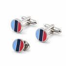 One journey silver-tone round Masonic cufflinks and lapel pin badge featuring  light blue, dark blue, and red striped colour 
