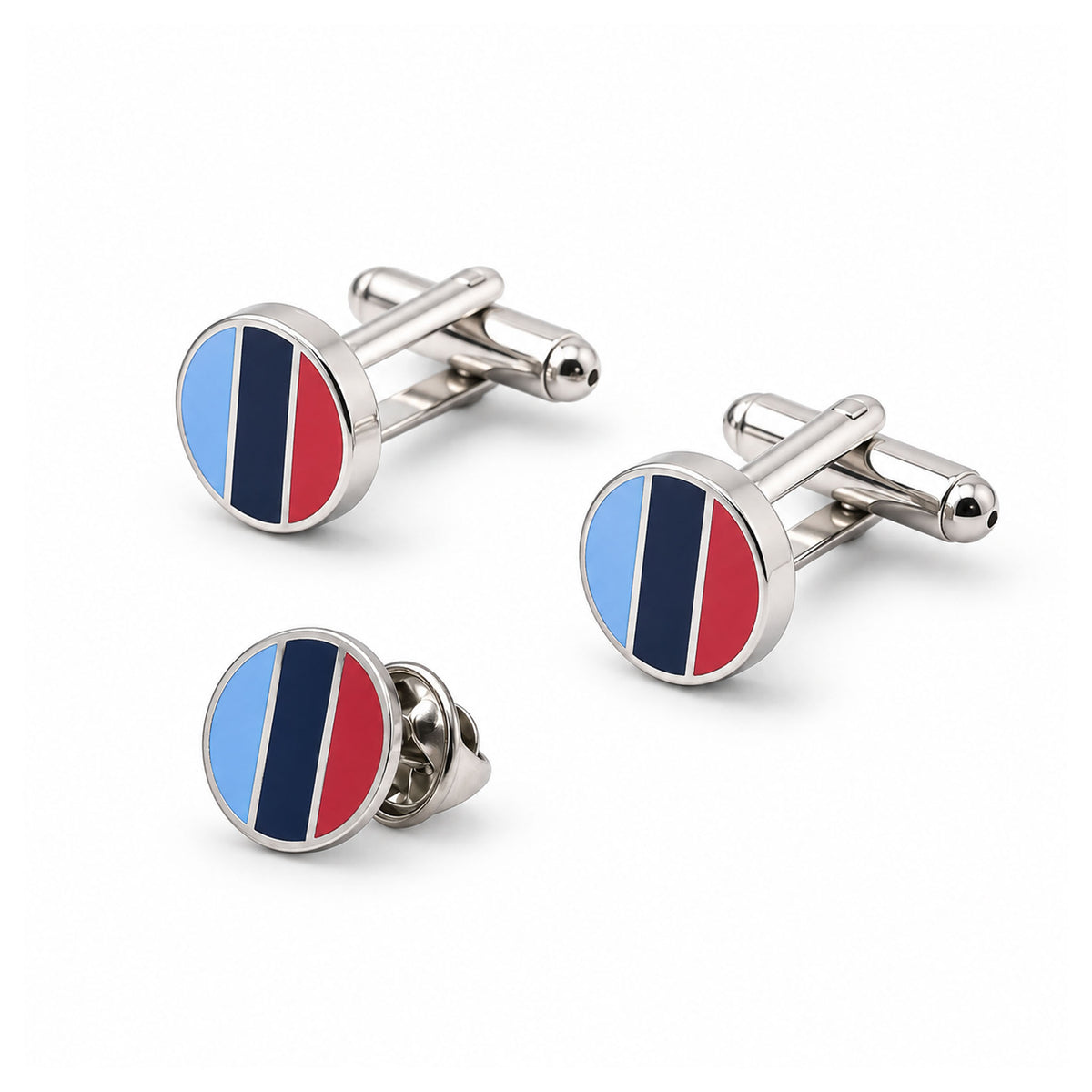 One journey silver-tone round Masonic cufflinks and lapel pin badge featuring  light blue, dark blue, and red striped colour 