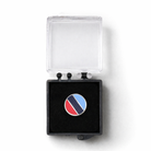 Front view of one journey silver-tone round Masonic lapel featuring in light blue, dark blue, and red inside case