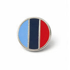 Front view of one journey silver-tone round Masonic lapel pin badge featuring in light blue, dark blue, and red.