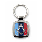 Shiny silver-coloured metal key ring features the Masonic square & compasses emblem placed on top of the iconic one journey colour pattern