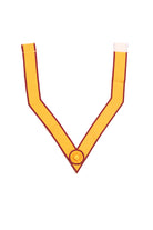 A yellow and red colored Masonic collar with a distinctive 'V' neck design and a central emblem.