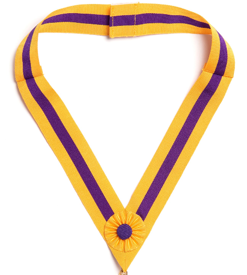Yellow and purple ribbon Masonic  collarette with a decorative element on a white background