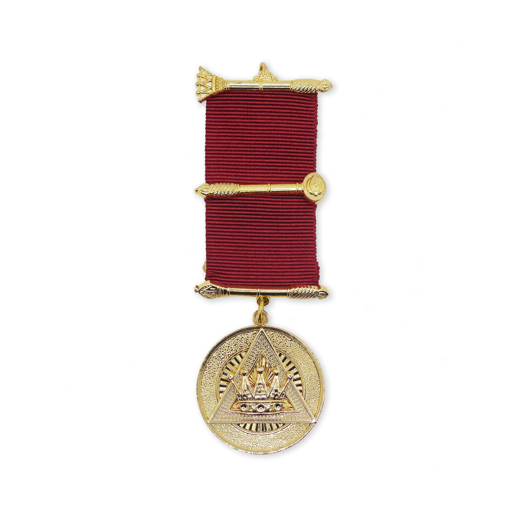 A Masonic gold-colored breast jewel with intricate designs, suspended from a red ribbon with metallic embellishments.