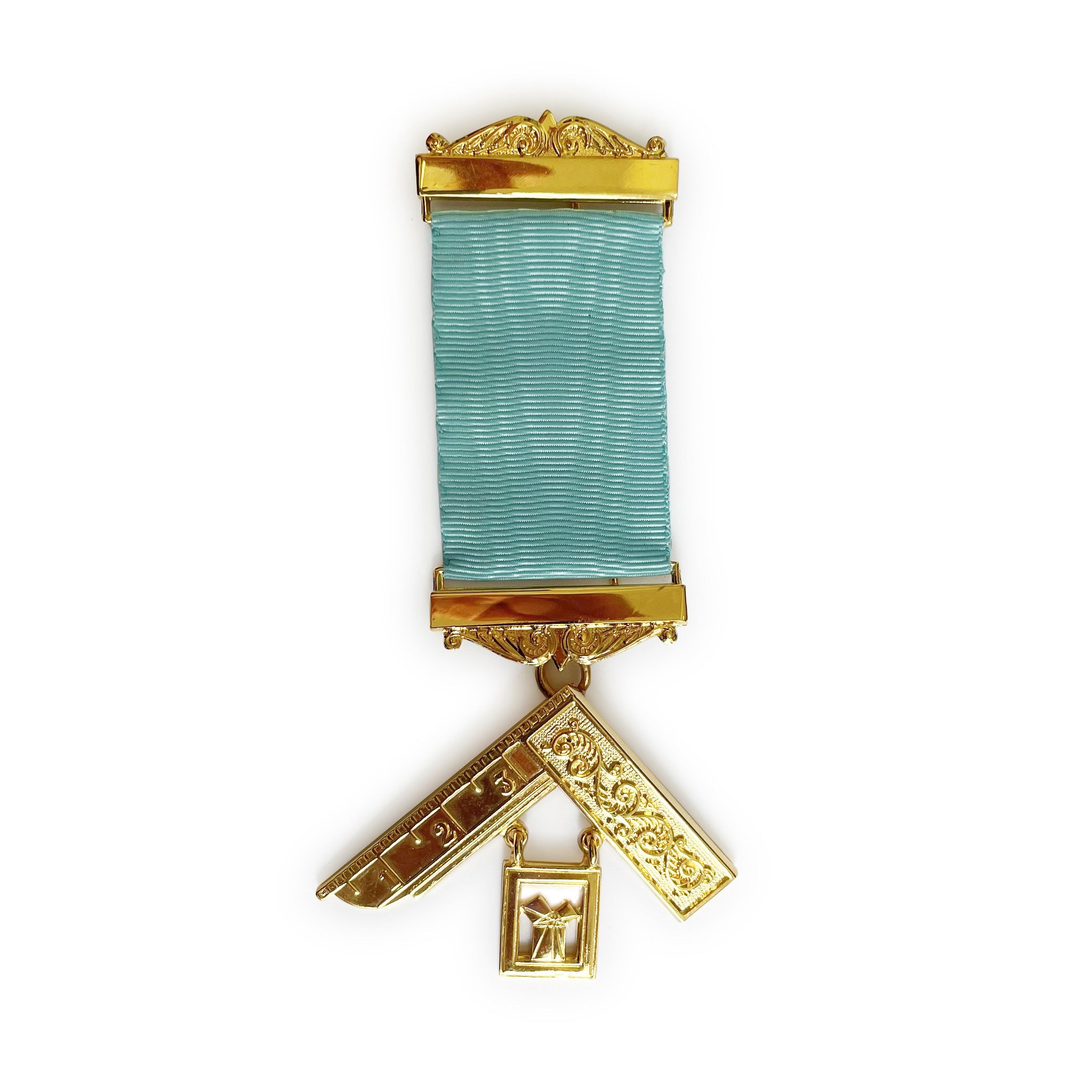 A Masonic Past Master's Breast Jewel with a blue sash and gold-colored metal components, featuring intricate designs and the Masonic emblem.