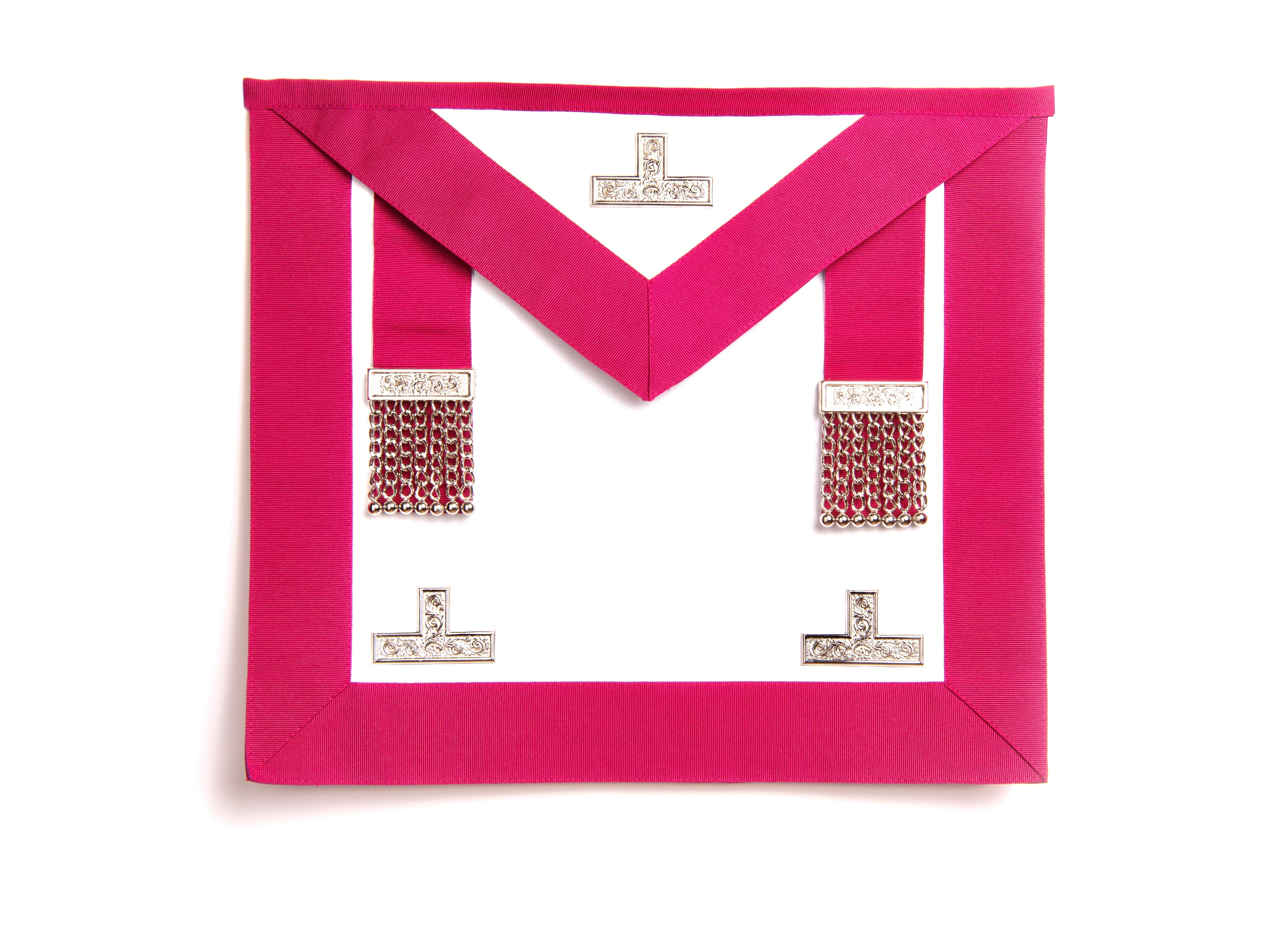 A pink Masonic apron with metallic embellishments, displayed flat.